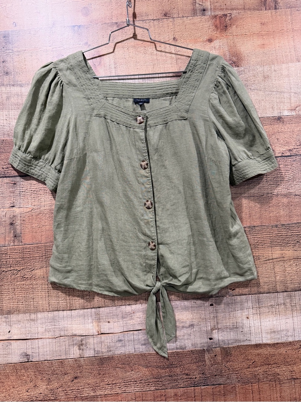Talbots Olive Tie-Front Button Puff Sleeve Linen Blouse Size Medium